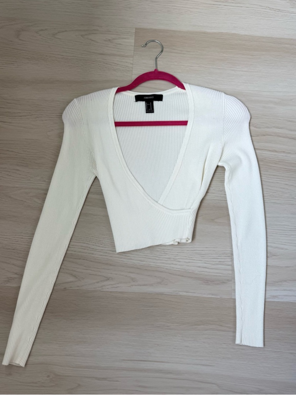 Forever 21 Ivory Ribbed Wrap Long-Sleeve Crop Top